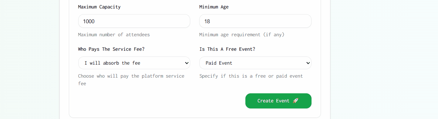 Event settings and fee configuration